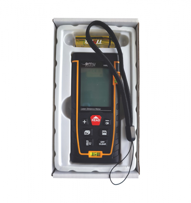 Metru laser cu nivela - poloboc 120 metri multifunctional portabil, valoare min/max, calcul suprafata si volum, laser nivel II 630–670 nm, < 1 mW, cu 2 baterii 2 × 1.5V AAA [3]