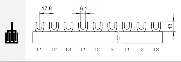 Pieptene busbar tip furca 3 poli (14x3 module) 80A 1000mm 16mm² [3]