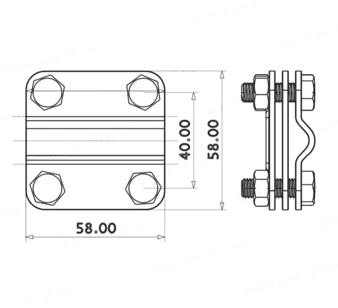Piesa de legatura 58x58mm in cruce, platbanda (30mm) si conductor Ø 8-12mm, clema galvanizata (FeZn) cu 4 suruburi M8x25 [3]