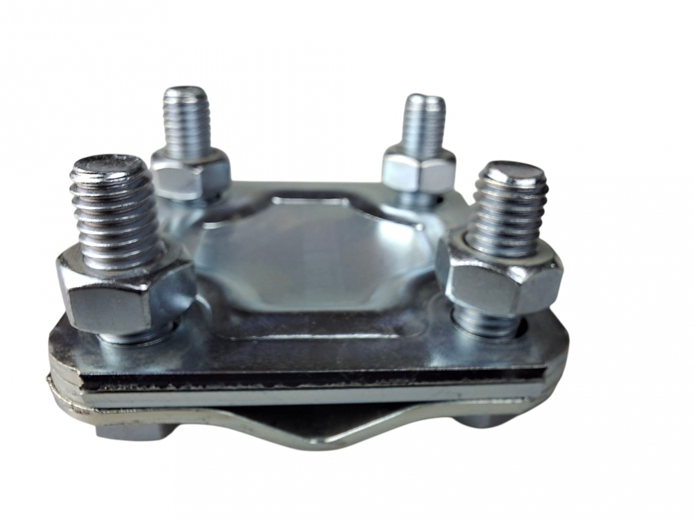 Piesa de legatura 58x58mm in cruce, platbanda (30mm) si conductor Ø 8-12mm, clema galvanizata (FeZn) cu 4 suruburi M8x25 [6]