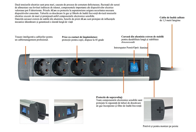 Prelungitor 1.5m cablu H05VV-F cu 8 prize schuko intrerupator si protectie supratensiune max 3500W IP20 [2]