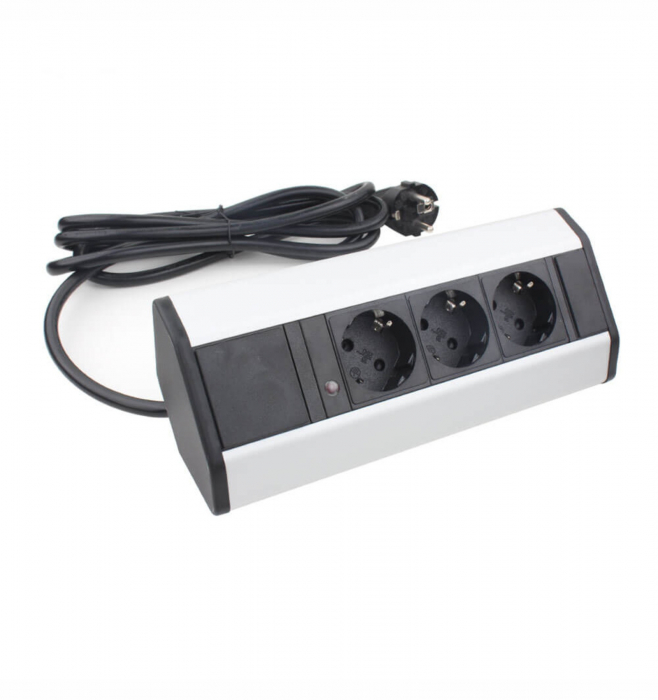 Prelungitor grup 3 prize schuko pentru colt montaj pe blat sau birou 16A 3680W 230V cablu 1.8 metri 3G1.5 si led indicator de prezenta tensiune [3]