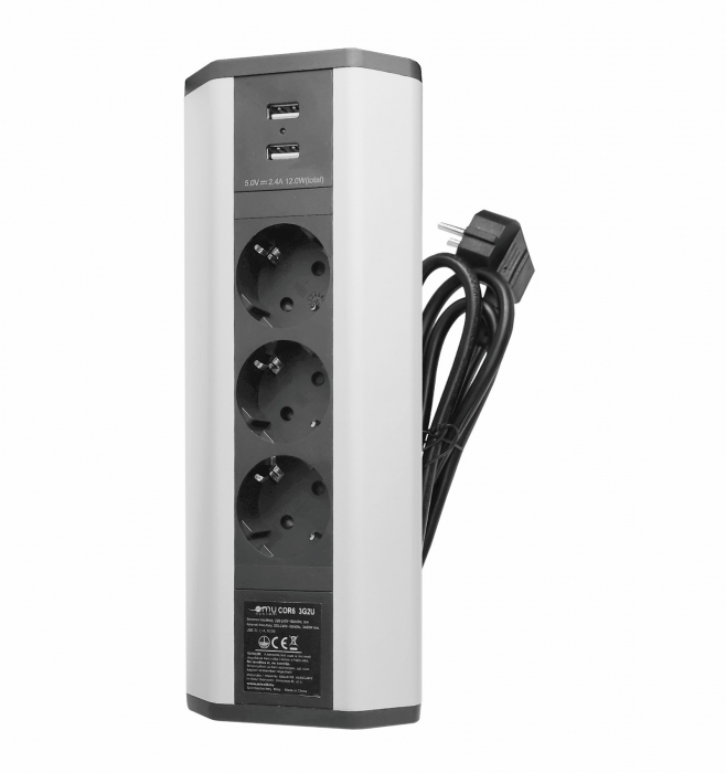 Prelungitor grup 3 prize schuko si 2 USB 2.1A pentru colt montaj pe blat sau birou 16A 3680W 230V cablu 1.8 metri 3G1.5 [1]