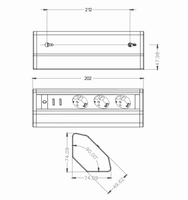 Prelungitor grup 3 prize schuko si 2 USB 2.1A pentru colt montaj pe blat sau birou 16A 3680W 230V cablu 1.8 metri 3G1.5 [2]
