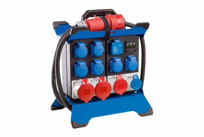 Prelungitor Stecky Duo 4 pentru santier cu 6 prize monofazice schuko 16A 250V. 1 priza monofazica CEE 3 poli 16A , 1 priza trifazica CEE 5 poli 16A , 2 prize trifazice CEE 5 poli 32A IP44 si 2 porturi [1]