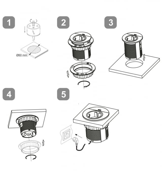 Priză incastrabilă, sistem conector rotund încorporat pentru birou cu încărcător USB-C 250VAC 16A cablu 1,8m [3]