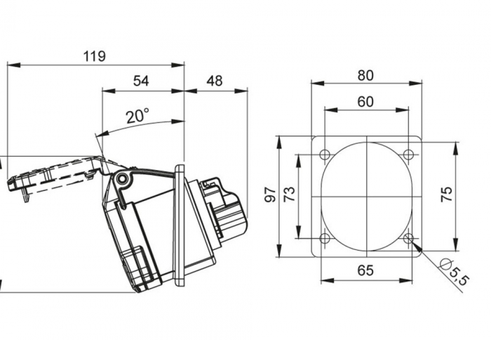 Priza industriala monofazica incastrabila 3 poli 32A 2P+PE 6h 97x80mm 220-250V 50-60Hz IP44 [2]