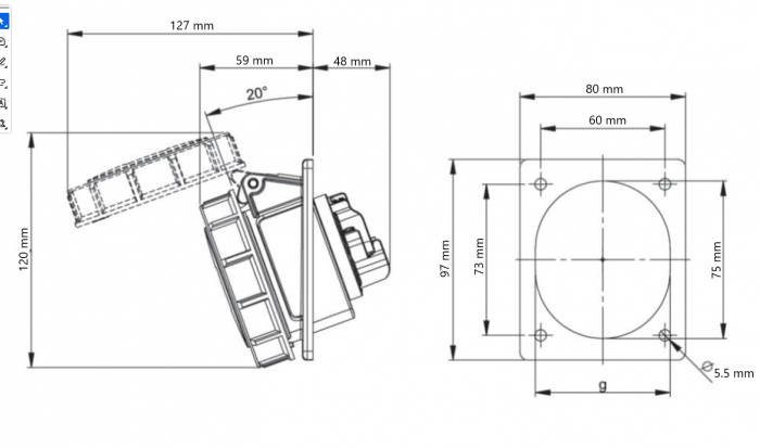 Priza monofazica incastrabila 3 poli 2P+E 32A 230V AC 50/60Hz IP67 [4]