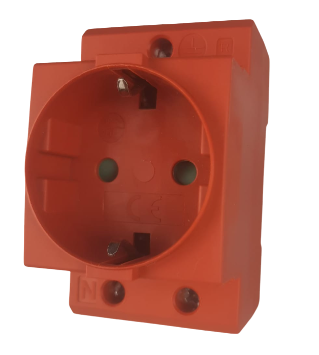 Priza rosie 16A 250V schuko 2P+E cu protectie copii IP30 cu montaj pe sina DIN 35mm omega [1]