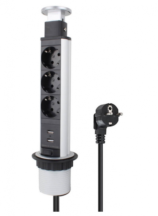 Priză schuko încastrabilă în blat de birou sau bucătărie, 3 posturi 220-240VAC 16A + 2 prize USB cablu 1.8m, pop-up [2]
