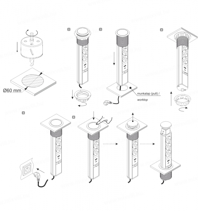 Priză schuko încastrabilă în blat de birou sau bucătărie, 3 posturi 220-240VAC 16A + 2 prize USB cablu 1.8m, pop-up [4]