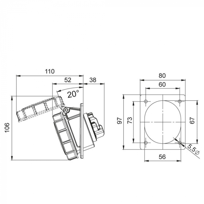 Priza trifazica 4 poli 16A 3P+E 6h incastrata oblica ST CEE 380V IP67 97x80mm [2]
