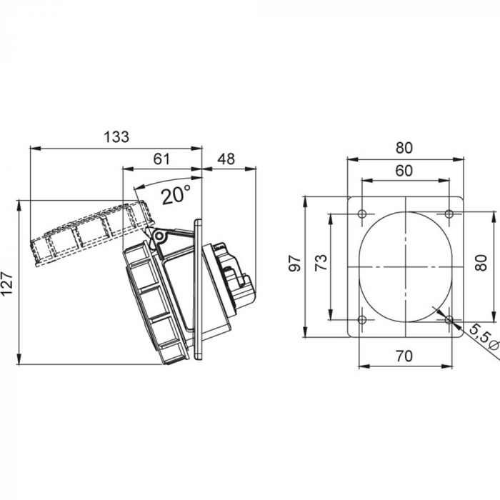 Priza trifazica 5 poli 32A 3P+N+E 6h incastrata oblica ST CEE 380V IP67 [2]
