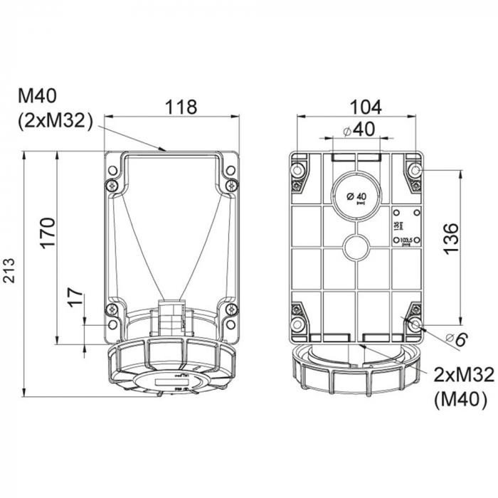 Priza trifazica aplicata 4 poli 63A 3P+E 6h CEE 380V IP67 [2]