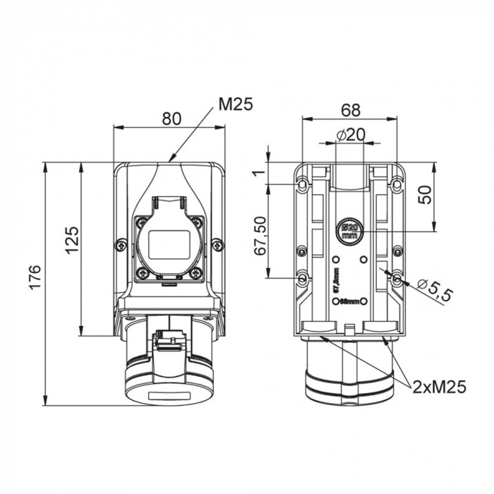 Priza trifazica aplicata 5 poli 3P+N+E 16A cu priza monofazica schuko 16A IP44 cablata in interior [2]