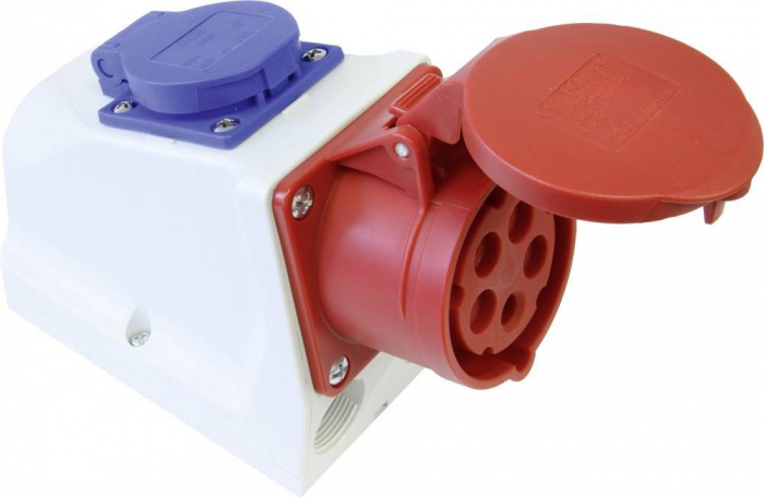 Priza trifazica aplicata 5 poli 3P+N+E 16A cu priza monofazica schuko 16A IP44 cablata in interior [3]