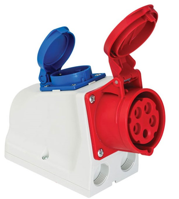 Priza trifazica aplicata 5 poli 3P+N+E 16A cu priza monofazica schuko 16A IP44 cablata in interior [1]