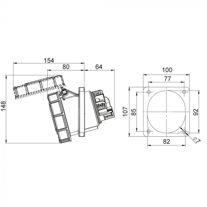 Priza trifazica incastrabila oblica 4 poli 63A 3P+E 6h CEE 380V IP67 107x100mm [2]
