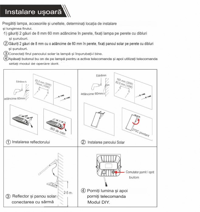 Proiector LED 30W 4800lm lumină naturală 4000K cu panou solar , cablu 5 metri , telecomandă si senzor de mișcare, acoperire 100-150m² [5]