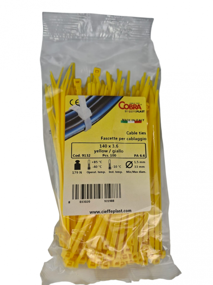 Set 100 buc colier cablu 140x3.6mm din plastic galben Cobra 9132 [1]