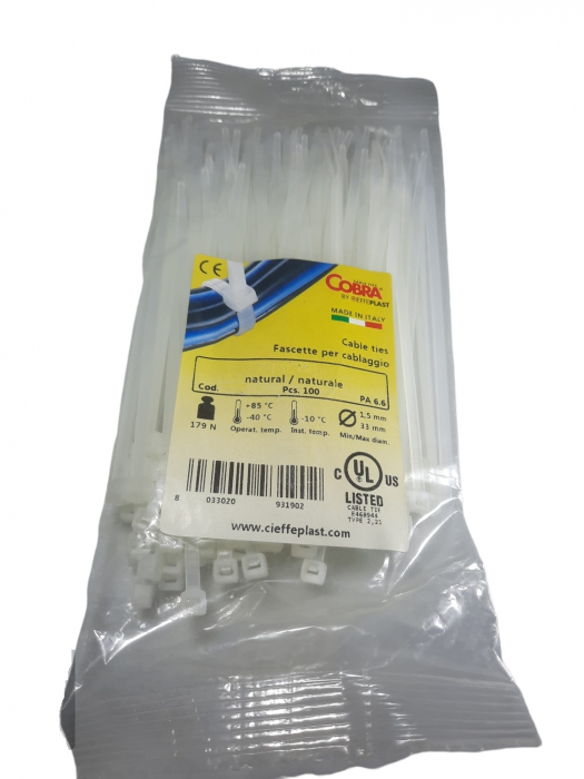 Set 100 buc colier cablu 250x3.6mm din plastic alb Cobra 9180 [3]
