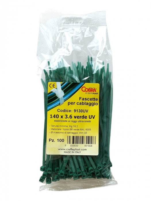 Set 100 buc colier cablu verzi foarte rezistent la UV 140x3,6 pentru aplicații în aer liber COBRA 9130UV [3]