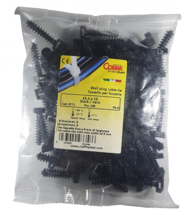 Set 100 dibluri negre de perete pentru fixare colier cablu 43.4x10mm gaura 8mm 9771 Cobra [1]