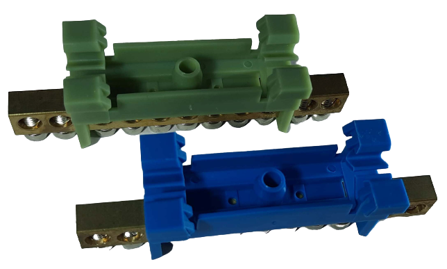 Set cleme bloc terminal barete pentru impamantare si nul albastra si verde pe sina 11 gauri max 16mm2 63A [3]