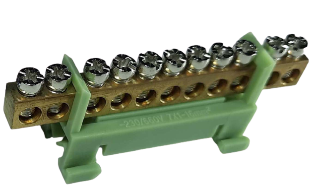 Set cleme bloc terminal barete pentru impamantare si nul albastra si verde pe sina 11 gauri max 16mm2 63A [6]