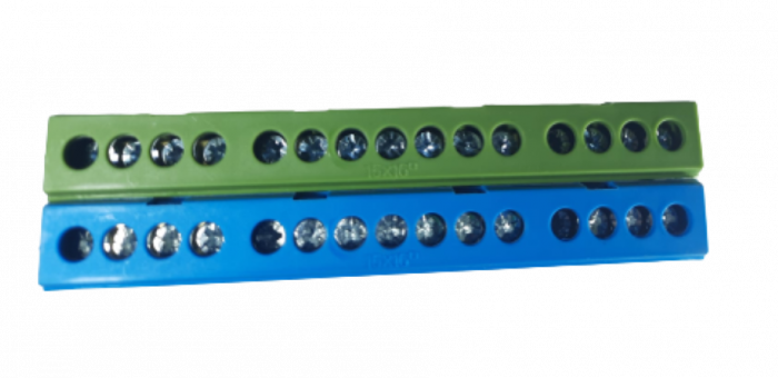 Set cleme bloc terminal barete pentru impamantare si nul albastra si verde pe sina 15 gauri max 16mm2 63A izolate [3]