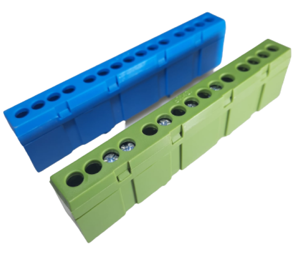 Set cleme bloc terminal barete pentru impamantare si nul albastra si verde pe sina 15 gauri max 16mm2 63A izolate [4]