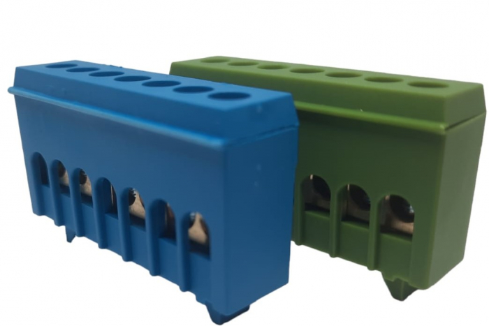 Set cleme bloc terminal barete pentru impamantare si nul albastra si verde pe sina 7 gauri max 16mm² 63A izolate [7]