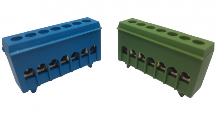 Set cleme bloc terminal barete pentru impamantare si nul albastra si verde pe sina 7 gauri max 16mm² 63A izolate [1]