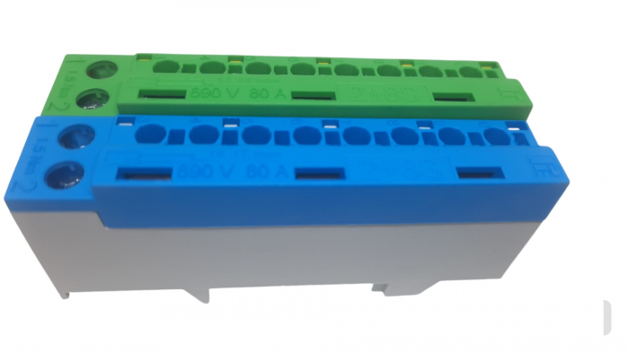 Set cleme terminale galben-verde PE si albastra N 80A 690V 2x1,5 - 10/16 mm² si 8 x 1,5 - 6 mm² derivatie distributie impamantare si nul, montare pe sina [2]