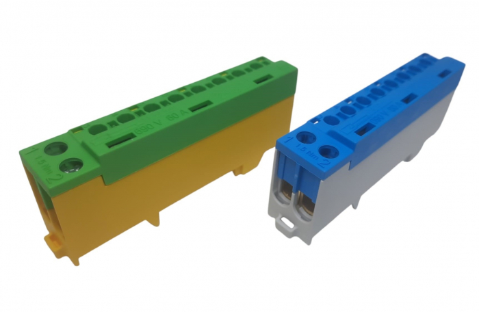 Set cleme terminale galben-verde PE si albastra N 80A 690V 2x1,5 - 10/16 mm² si 8 x 1,5 - 6 mm² derivatie distributie impamantare si nul, montare pe sina [3]