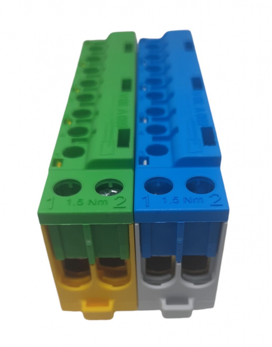 Set cleme terminale galben-verde PE si albastra N 80A 690V 2x1,5 - 10/16 mm² si 8 x 1,5 - 6 mm² derivatie distributie impamantare si nul, montare pe sina [1]