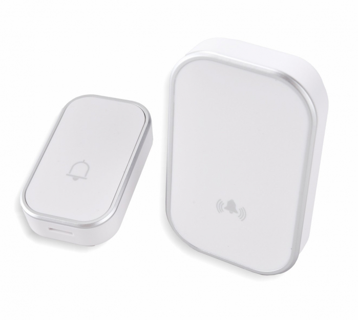 Sonerie fără fir 1 transmițător - comutator cu baterie 12V (1 buton) și 1 receptor alb ( 1 sonerie) la priză , IP44 [1]