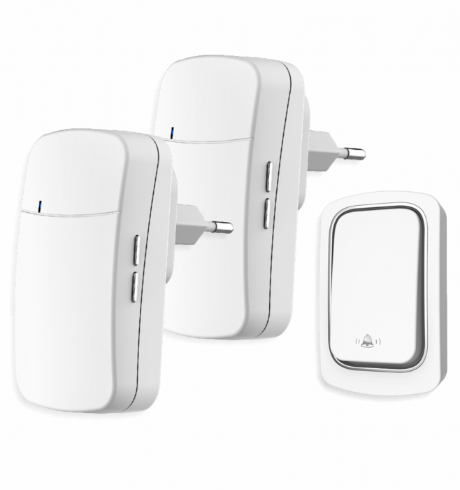 Sonerie fără fir și fără baterie 1 transmițător- comutator cinetic (1 buton) și 2 receptoare albe ( 2 sonerii) la priză , 38 melodii, distantă 150m. IP68 (buton) [1]
