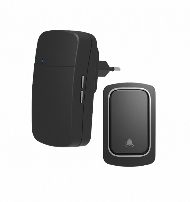 Sonerie fără fir și fără baterie 1 transmițător - comutator cinetic (1buton) și 1 receptor negru ( 1 sonerie) la priză , 38 melodii, distantă 150m. IP68 (buton) [1]
