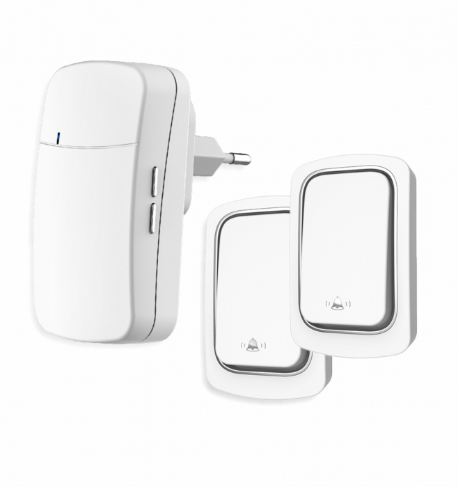 Sonerie fără fir și fără baterie 2 transmițătoare - comutator cinetic (2 butoane)  și 1 receptor alb ( 1 sonerie) la priză , 38 melodii, distantă 150m. IP68 (buton) [1]