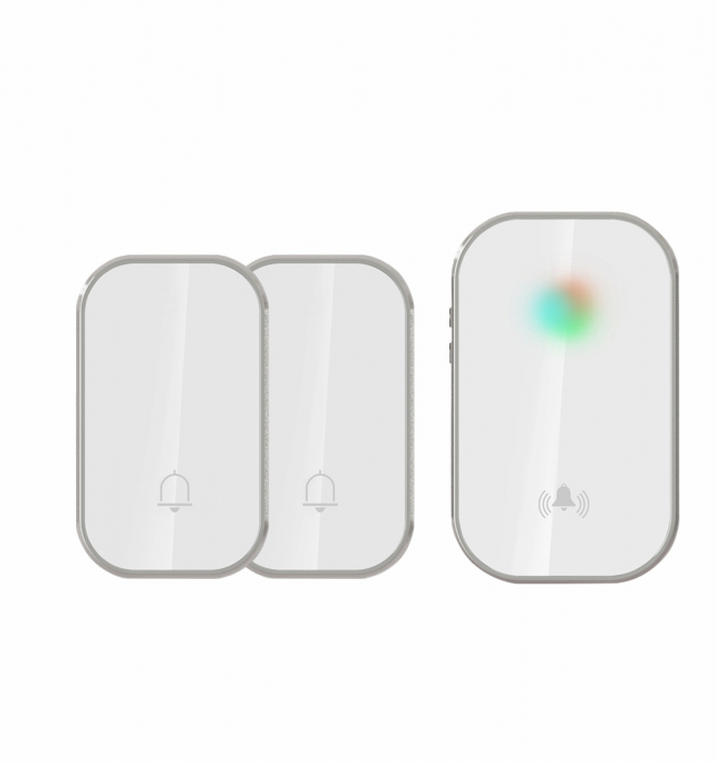 Sonerie fără fir și fără baterie 2 transmițătoare - comutator cinetic (2 butoane)  și 1 receptor alb ( 1 sonerie) la priză , IP44 [1]