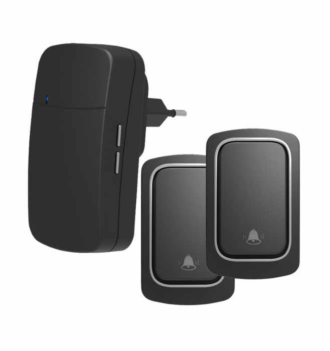 Sonerie fără fir și fără baterie 2 transmițătoare - comutator cinetic (2 butoane) și 1 receptor negru ( 1 sonerie) la priză , 38 melodii, distantă 150m. IP68 (buton) [1]