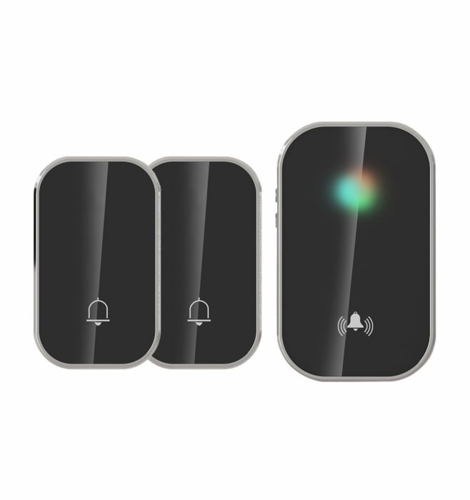 Sonerie fără fir și fără baterie 2 transmițătoare - comutator cinetic (2 butoane) și 1 receptor negru ( 1 sonerie) la priză , IP44 [1]