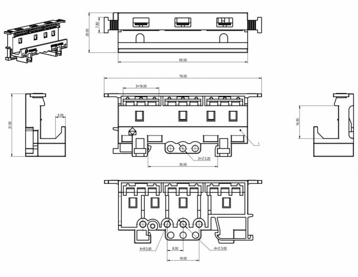 Suport cleme, montaj conector pe sina DIN. include 3 cleme cu 3 gauri 0.2-4mm² 32A 400V [3]