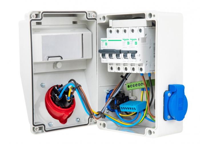 Tablou electric 7 module 218x149mm echipat cu o priza trifazica 16A 3P+N+E si 2 prize monofazice schuko 16A precablat, cu sigurante SCHNEIDER, organizare de santier, distributie IP44 [5]