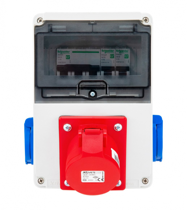 Tablou electric 7 module 218x149mm echipat cu o priza trifazica 16A 3P+N+E si 2 prize monofazice schuko 16A precablat, cu sigurante SCHNEIDER, organizare de santier, distributie IP44 [2]