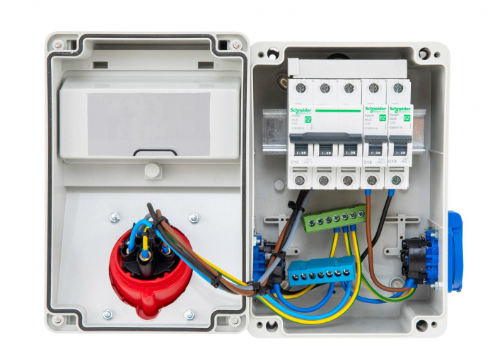 Tablou electric 7 module 218x149mm echipat cu o priza trifazica 16A 3P+N+E si 2 prize monofazice schuko 16A precablat, cu sigurante SCHNEIDER, organizare de santier, distributie IP44 [6]