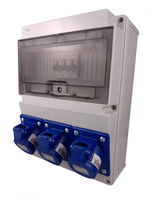 Tablou electric echipat cu 3 prize monofazice industriale 16A panou organizare de santier cu sigurante si legaturi - precablat IP44 [2]