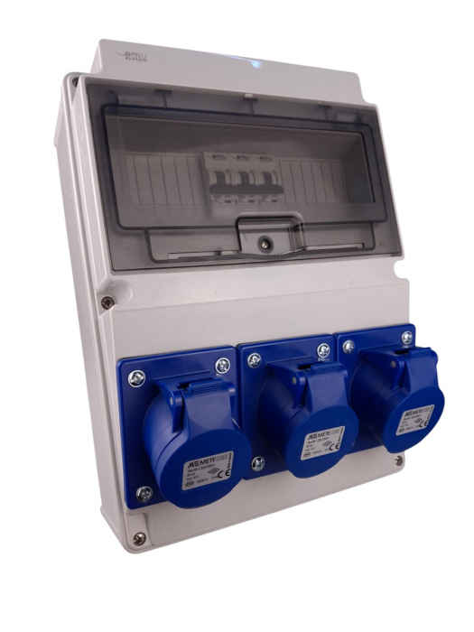 Tablou electric echipat cu 3 prize monofazice industriale 16A panou organizare de santier cu sigurante si legaturi - precablat IP44 [1]