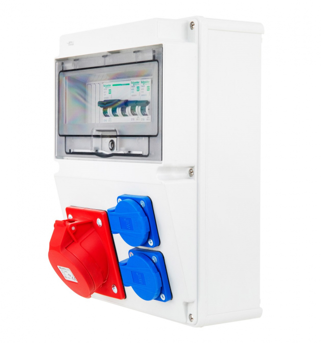 Tablou electric echipat cu o priza trifazica 16A 3P+N+E  si 2 prize monofazice schuko 16A precablat, cu sigurante SCHNEIDER, organizare de santier, distributie IP44 [3]